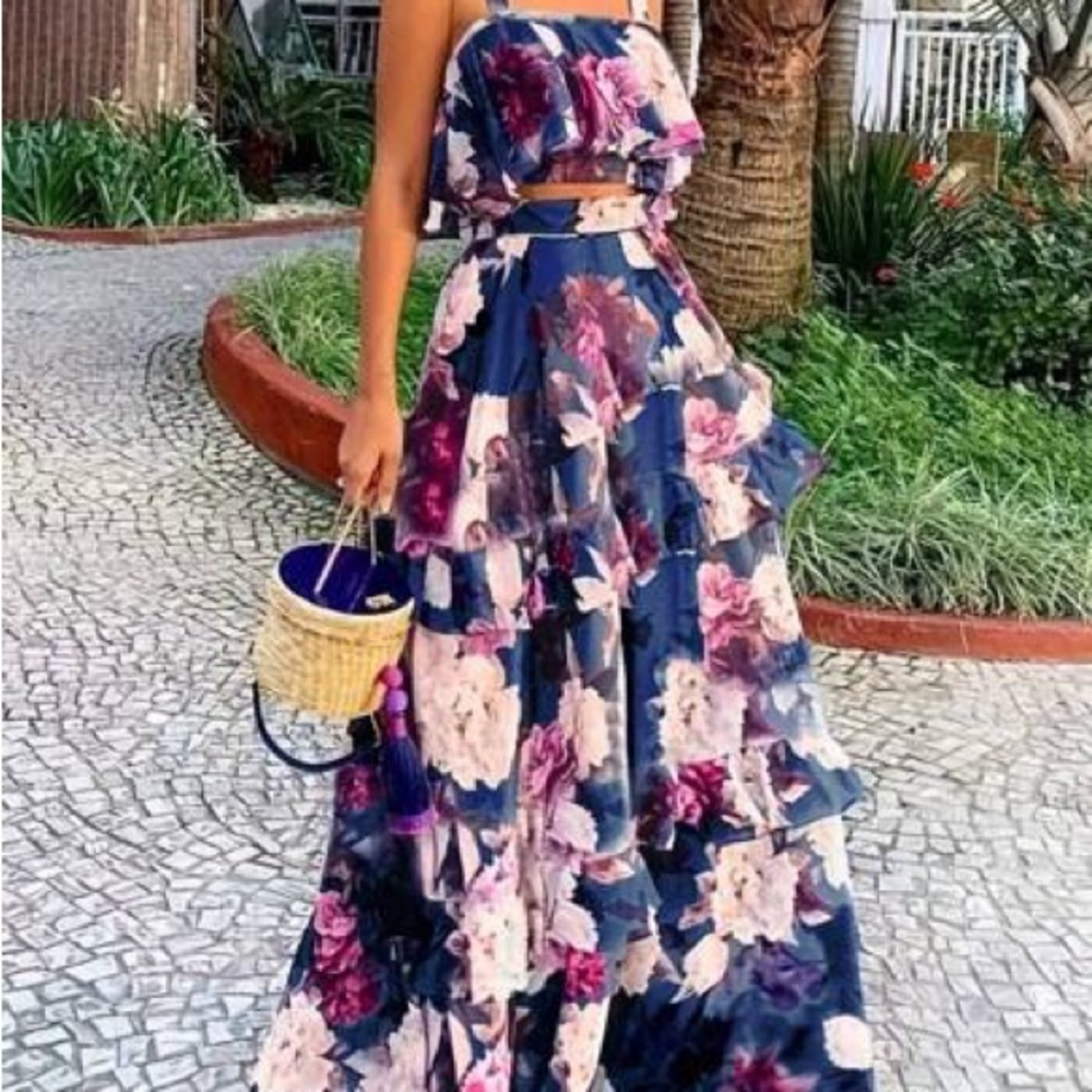 Floral Maxi Skirt in Blue and Pink